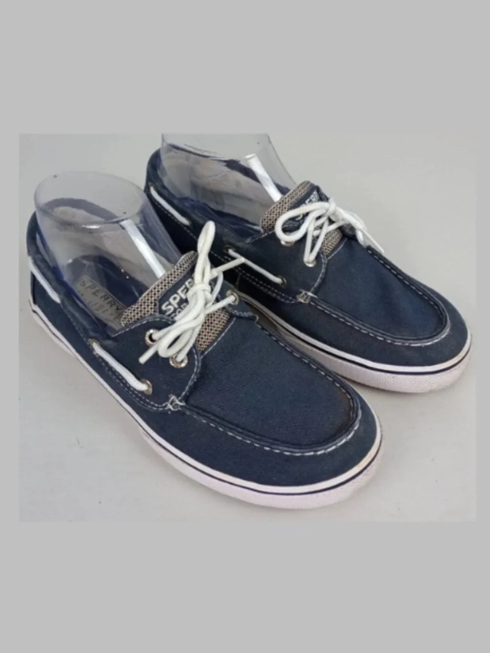 Sperry Top Sider Halyard Mens‎ 4M Blue Canvas 2 Eye White Tie Slip On Boat Shoes